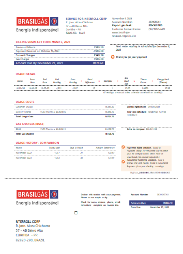 Download Brazil Gas utility business bill,  SCR Photoshop template
